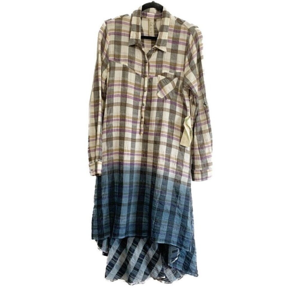 (Anthropologie) Aratta Gauze Plaid High-Low Dress - Blue and Cream